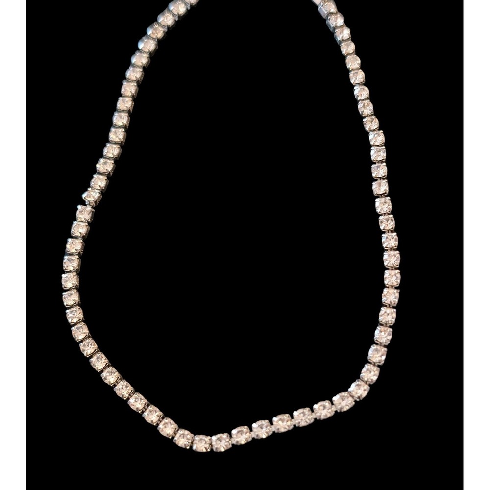 Vintage Tennis Necklace Silver Tone Clear Rhinestone Adjustable Choker Y2K 90s